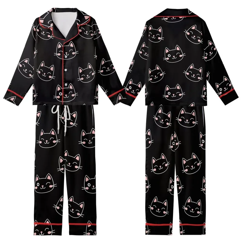 Cat Lovers' Black Minimalist Winking Cat Face Pink Cheeks Scattered Repeat Pattern Kid Satin Pajamas Set - 1