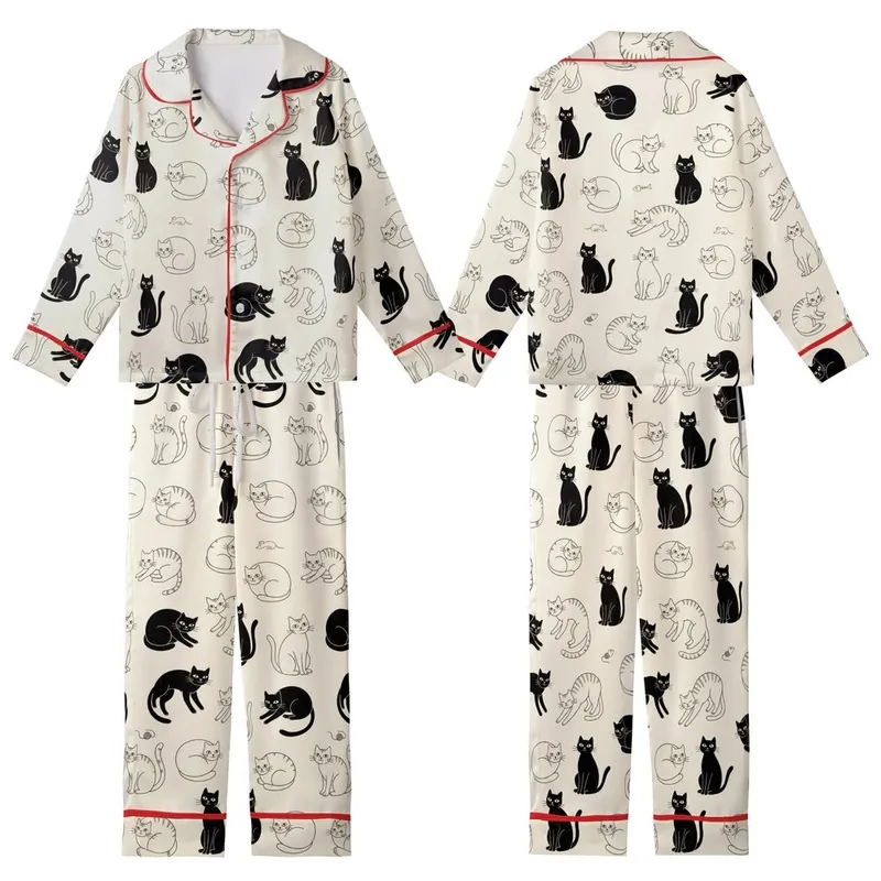 Cat Lovers' Whimsical Black Line Art Cats Seamless Pattern Creamy Off-White Background Kid Satin Pajamas Set - 1