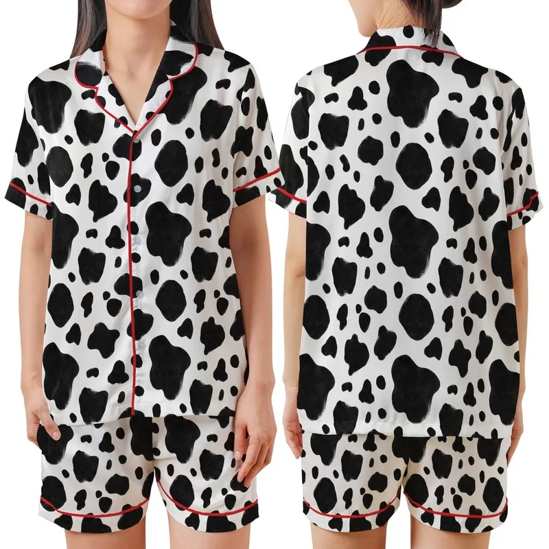 Modern Style Lovers' Illustrative Black White Organic Spot Cowhide Pattern Satin Short-Sleeve Pajamas Set - 1