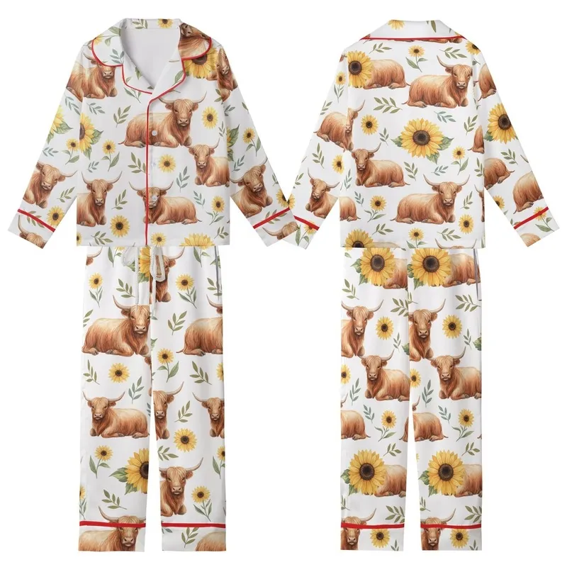 Whimsical Nature Lovers' Rustic Watercolor Highland Cow Golden Sunflower & Olive Teal Leaf Pattern Kid Satin Pajamas Set - 1