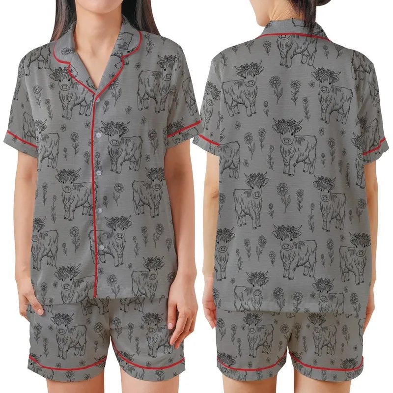 Whimsical Animal Lovers' Black Line Art Highland Cow Calves Floral Seamless Pattern on Heather Gray Satin Short-Sleeve Pajamas Set - 1