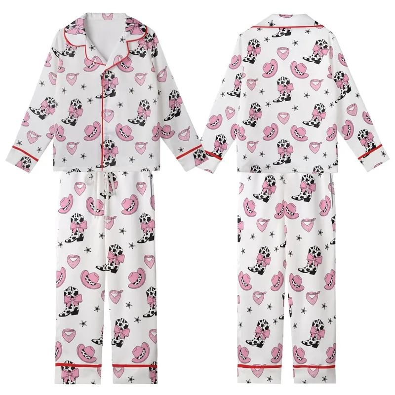 Girly Western Style Playful Pink Bow Cow Print Cowboy Boots Hats Bandanas Sheriff Stars White Seamless Pattern Kid Satin Pajamas Set - 1