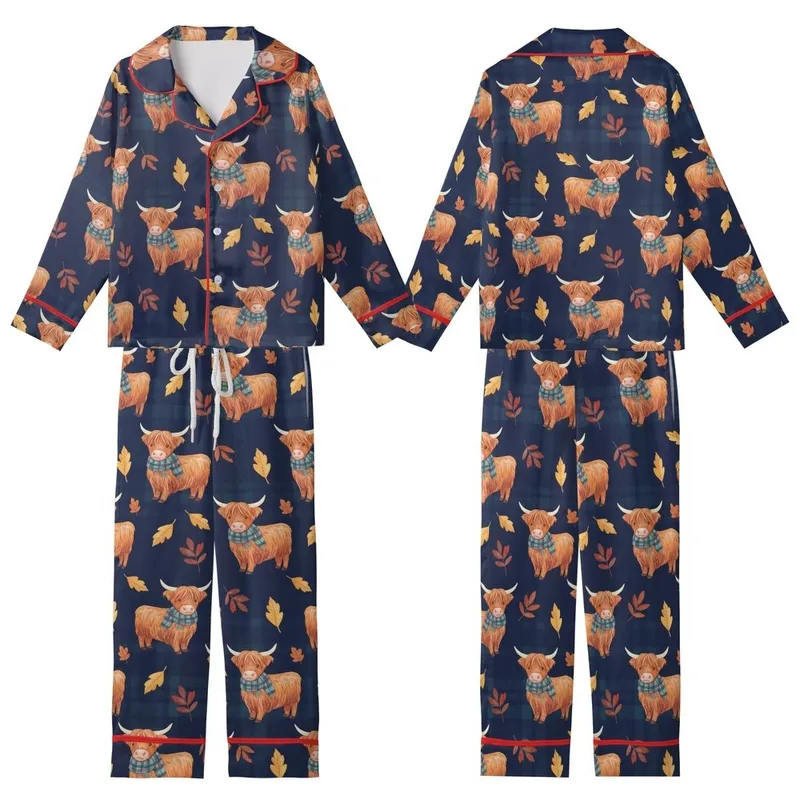 Highland Cow Lovers' Charming Watercolor Fluffy Autumn Plaid Farm Animal Pattern on Deep Navy Kid Satin Pajamas Set - 1