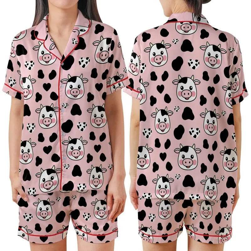 Kawaii Lovers' Whimsical Pastel Pink Cartoon Cow Face Heart Spot All-Over Print Satin Short-Sleeve Pajamas Set - 1