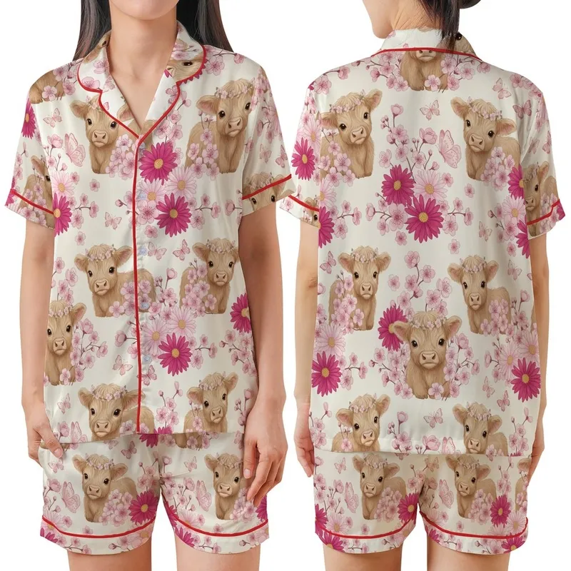 Whimsical Animal Lovers' Fluffy Baby Highland Cow Pink Floral Cream Illustration Satin Short-Sleeve Pajamas Set - 1