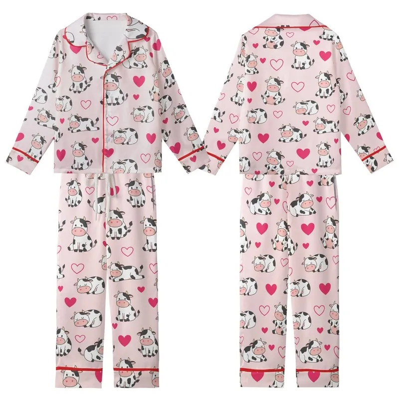 Cute Cow Lovers' Whimsical White Spotted Cartoon Cows Hot Pink Hearts Pastel Pink Seamless All-Over Design Kid Satin Pajamas Set - 1