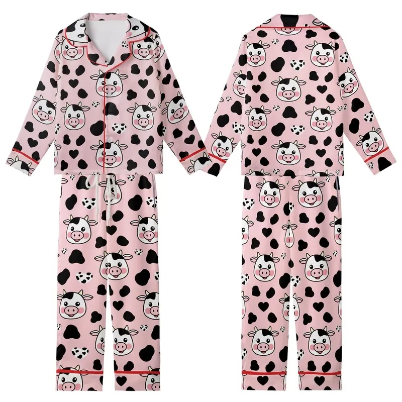 Kawaii Lovers' Whimsical Pastel Pink Cartoon Cow Face Heart Spot All-Over Print Kid Satin Pajamas Set - 1