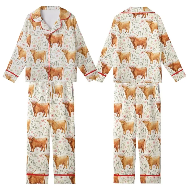 Highland Cow Lovers' Whimsical Watercolor Highland Cow Calf All-Over Pattern with Pink Roses, Sage Leaves, Cream Background Kid Satin Pajamas Set - 1