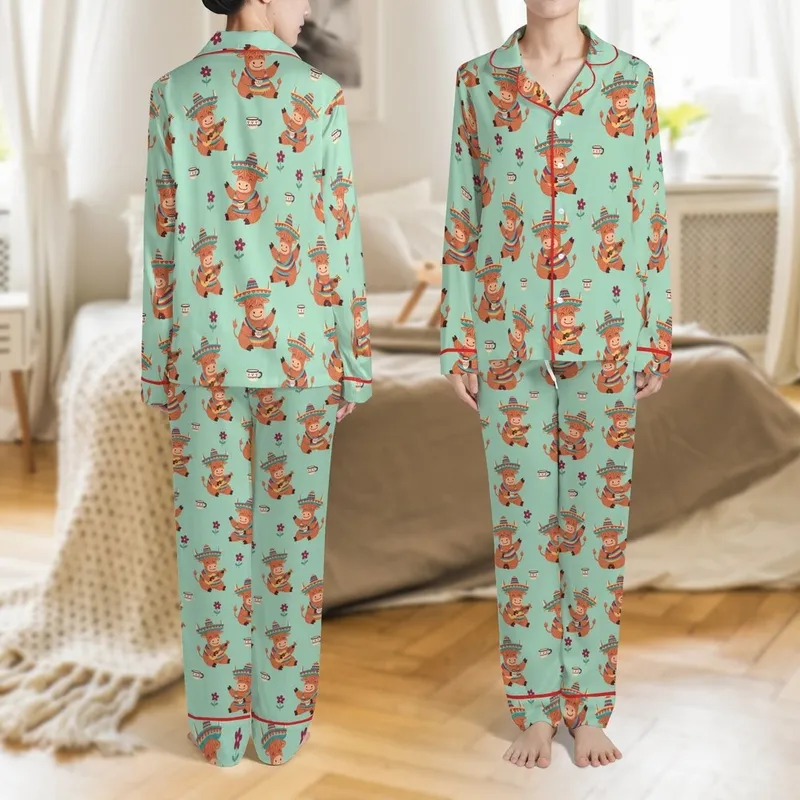 Highland Cow Lovers' Whimsical Folk Art Cows Vibrant Serape Sombrero Pastel Mint Green Pattern Satin Pajamas Set - 1