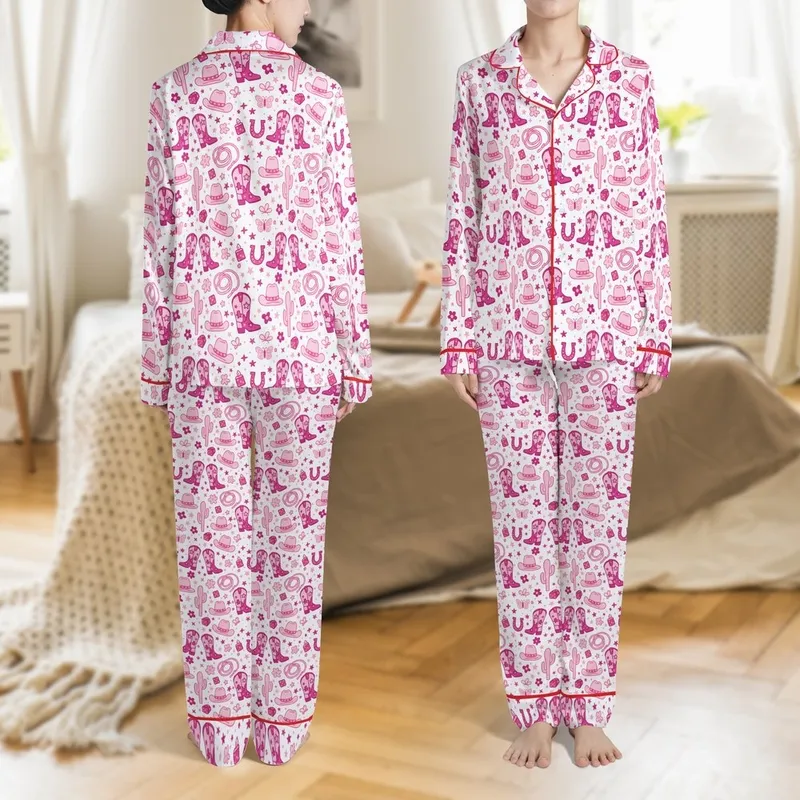 Western Lovers' Whimsical Fuchsia Pink Cowboy Boots Hats Cacti Dice Butterfly Illustrative Ditsy Pattern Satin Pajamas Set - 1