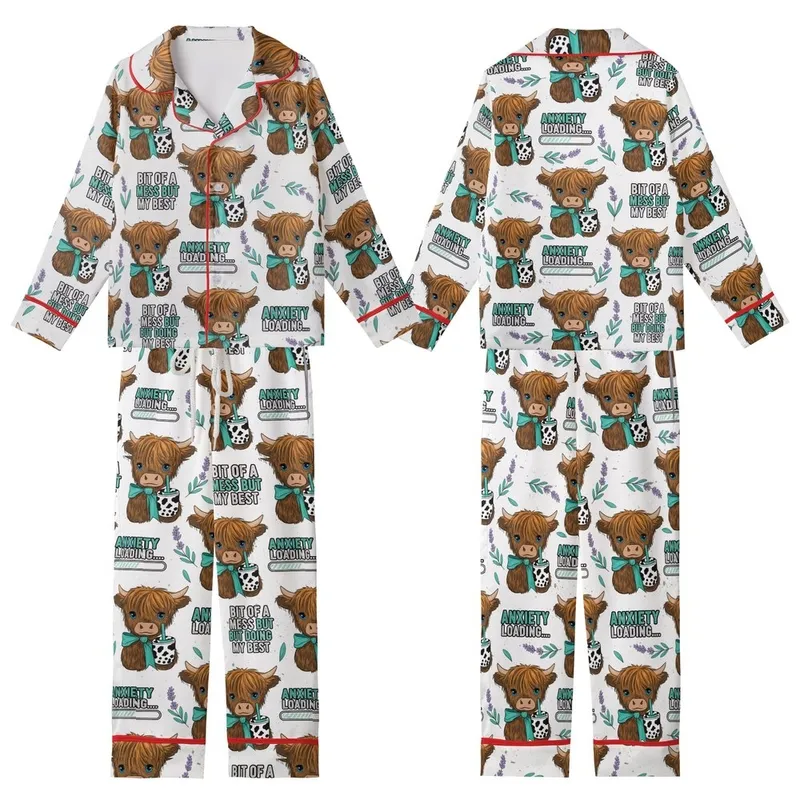 Whimsical Animal Lovers' Fluffy Highland Cow Boba Tea Lavender Caramel Teal Distressed Text Pattern Kid Satin Pajamas Set - 1