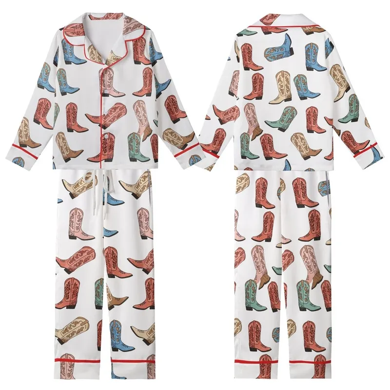 Western Style Lovers' Hand-Drawn Cowboy Boot Pattern Pink Teal Terracotta Hues Kid Satin Pajamas Set - 1