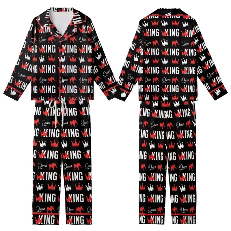 Empowered Style Aficionados' Black Red White Flat Vector Crown KING Queen Interlocking Pattern Kid Satin Pajamas Set - 1