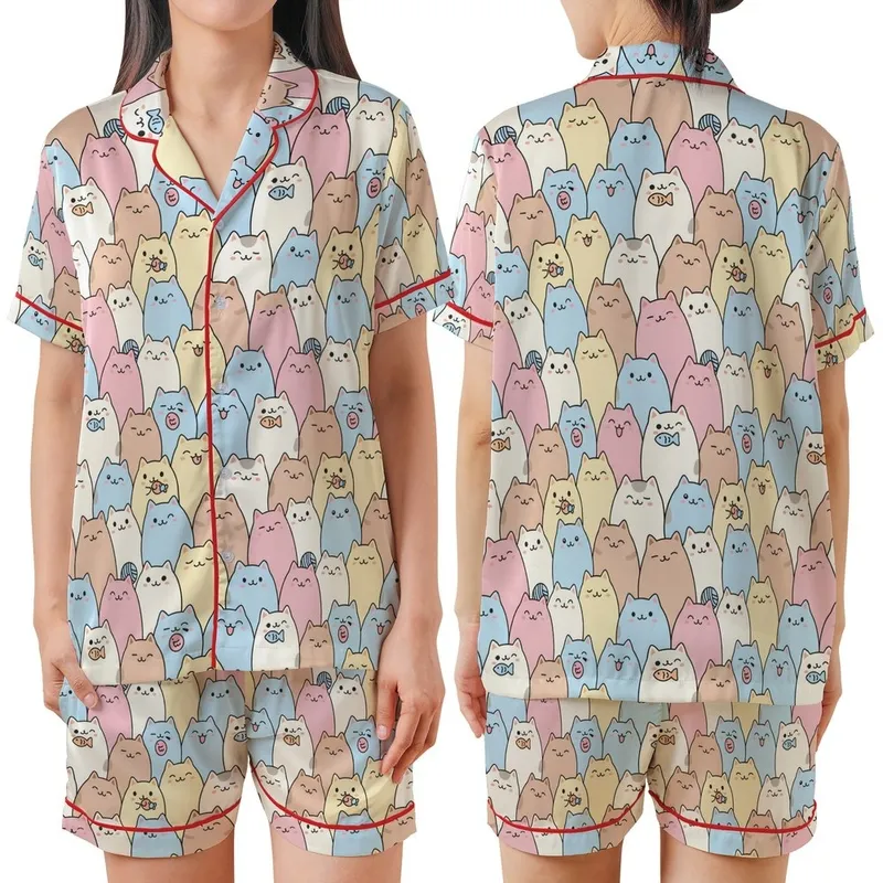 Cat Lovers' Kawaii Pastel Pink Blue Yellow Cat Crowd Seamless Pattern Satin Short-Sleeve Pajamas Set - 1