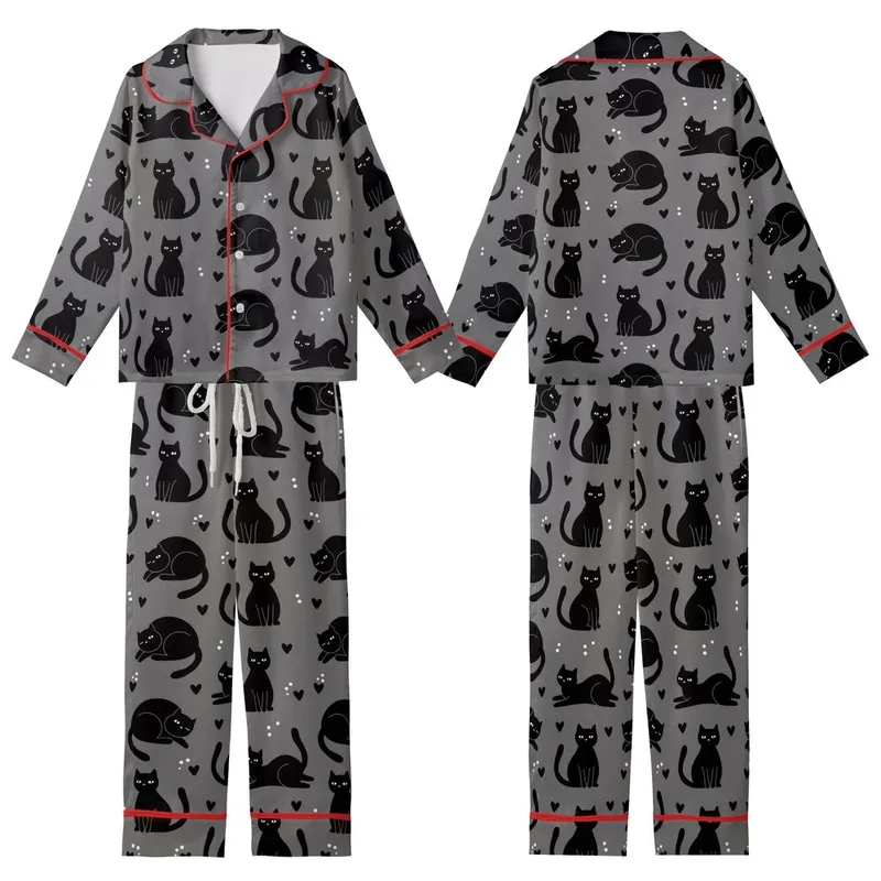 Cat Lovers' Whimsical Black Cat Silhouette Repeating Pattern Tiny Hearts White Dot Eyes Heather Dark Grey Kid Satin Pajamas Set - 1