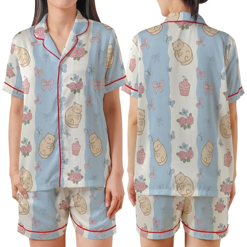 Pastel Dreamers' Whimsical Hand-Drawn Sleeping Cats Pink Bows Blue Flowers Cupcakes Soft Pastel Blue Off-White Knit Bands Satin Short-Sleeve Pajamas Set - 1