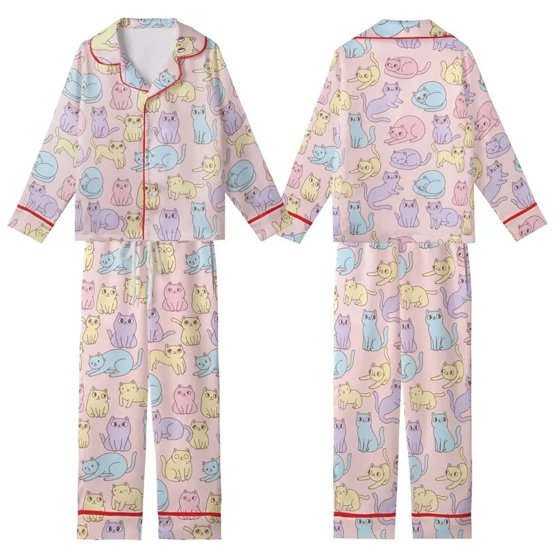 Cat Lovers' Whimsical Hand-Drawn Pastel Pink Blue Yellow Purple Cartoon Cat Repeating Pattern Kid Satin Pajamas Set - 1