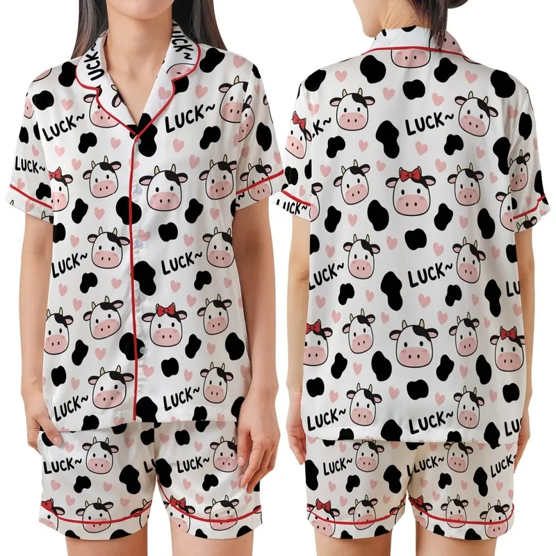 Cow Lovers' Seamless Cute Cartoon Cow Heads & Spots Pattern with Pink Muzzles, Tan Horns, Red Bows, 'LUCK~' Text, Pink Hearts Satin Short-Sleeve Pajamas Set - 1