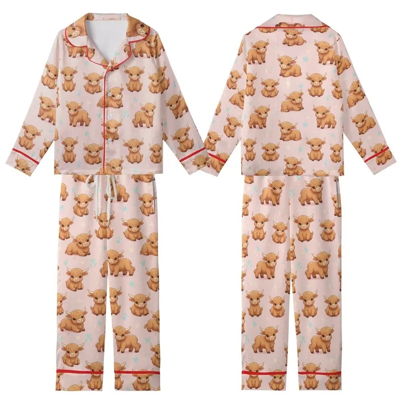 Cute Animal Lovers' Blush Pink Whimsical Fluffy Baby Highland Cow Scattered Pattern with Pastel Florals Kid Satin Pajamas Set - 1