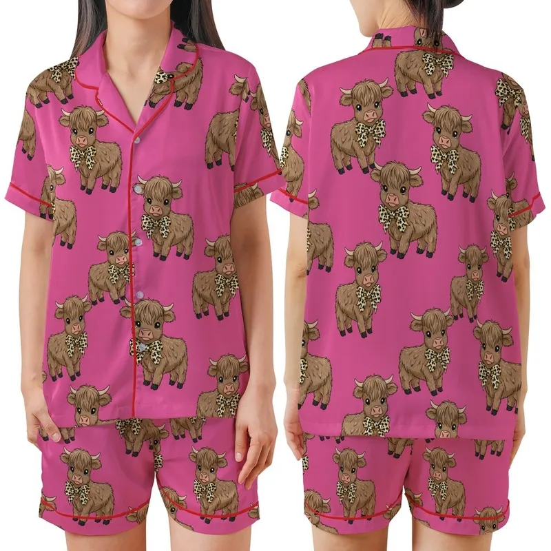 Whimsical Style Fans' Fluffy Brown Baby Highland Cow Leopard Bow Fuchsia Pink Illustrative Pattern Satin Short-Sleeve Pajamas Set - 1