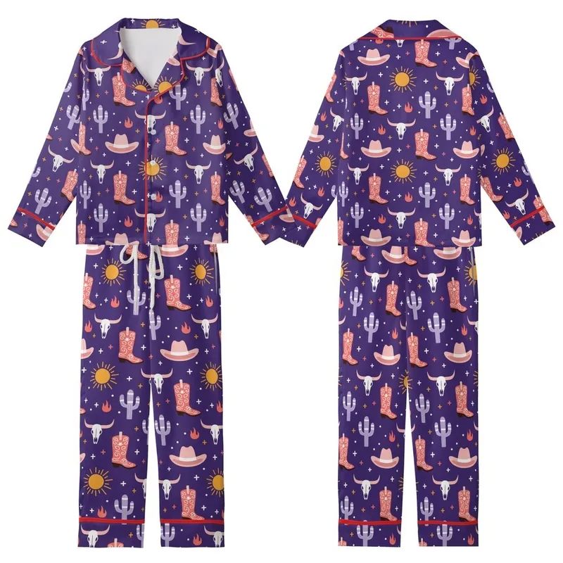 Western Style Aficionados' Whimsical Desert Royal Purple Coral Pink Cowboy Boots Cactus Steer Skull Pattern Kid Satin Pajamas Set - 1