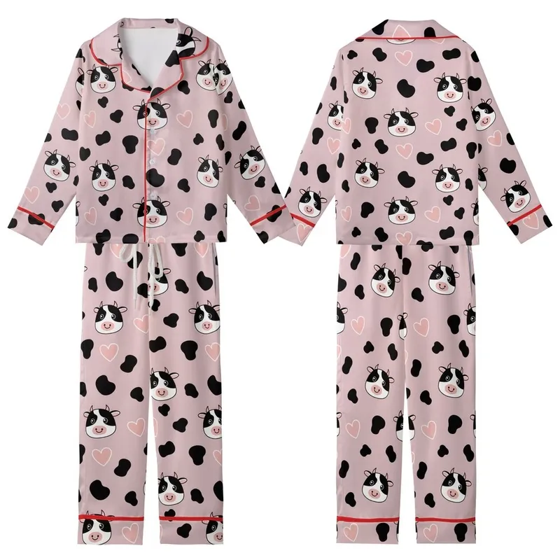 Whimsical Style Lovers' Pale Mauve Pink Cow Spot Happy Cartoon Faces & Pink Heart Pattern Kid Satin Pajamas Set - 1