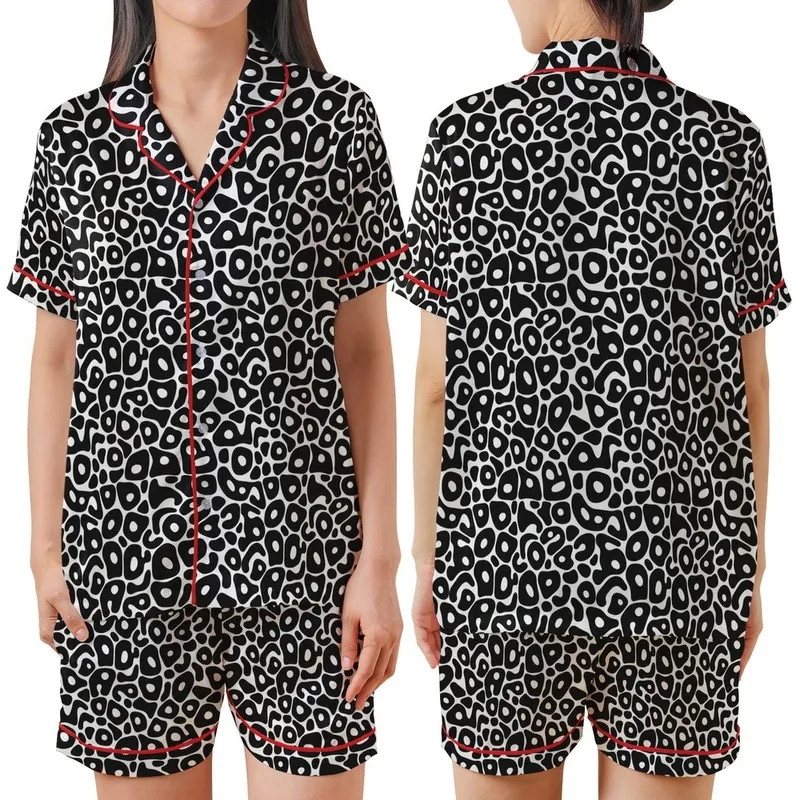 Minimalist Style Enthusiasts' High Contrast Flat Graphic Organic Irregular Black Blotches Pattern Satin Short-Sleeve Pajamas Set - 1