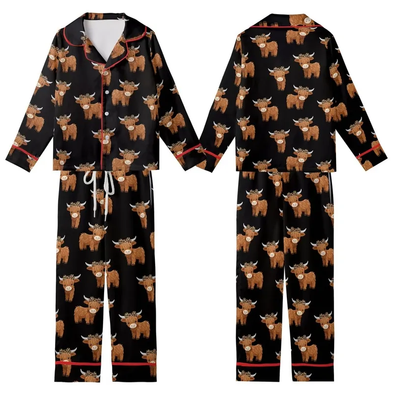 Highland Cow Lovers' Cute Fluffy Calf Warm Brown Leopard Bow Black All-Over Pattern Kid Satin Pajamas Set - 85MOM9HBVZ