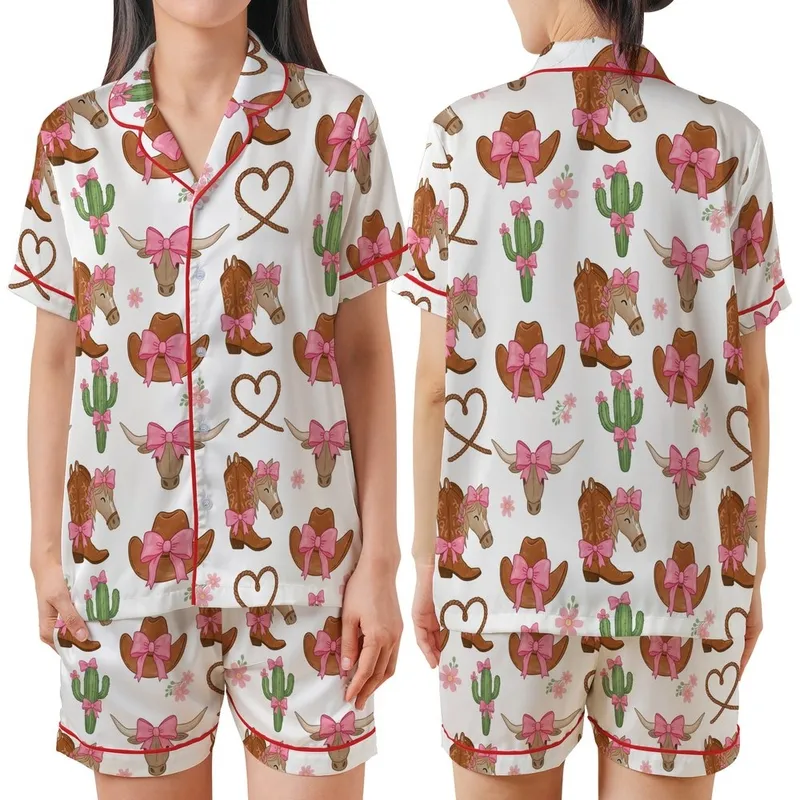 Women's Whimsical Western Pink Bow Cowgirl Hat Longhorn Cactus Pattern Satin Short-Sleeve Pajamas Set - 1