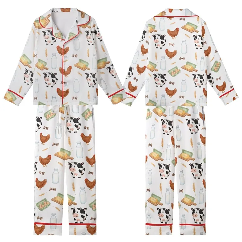Farmhouse Decor Lovers' Charming Hand-Drawn Watercolor Farm-Fresh White Black Brown Spotted Cow Chicken Milk Bottle Seamless Pattern Kid Satin Pajamas Set - 1
