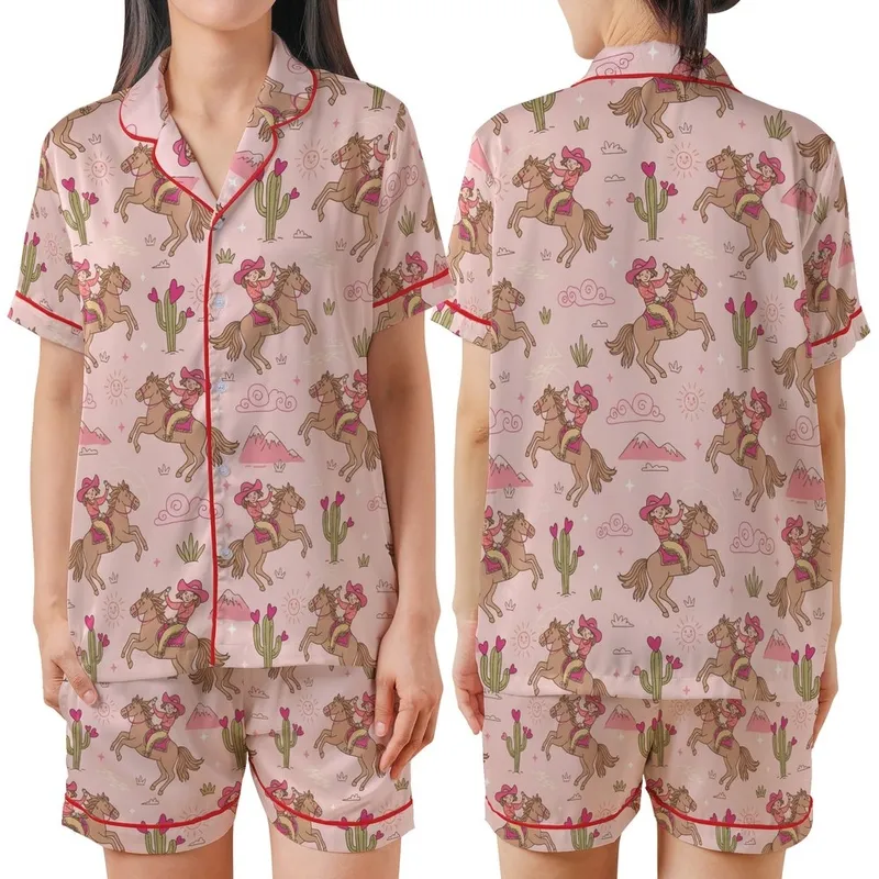 Western Enthusiasts' Whimsical Cowgirl Desert All-Over Print with Pink Hats, Coral Shirts, and Fuchsia Cacti Satin Short-Sleeve Pajamas Set - 1