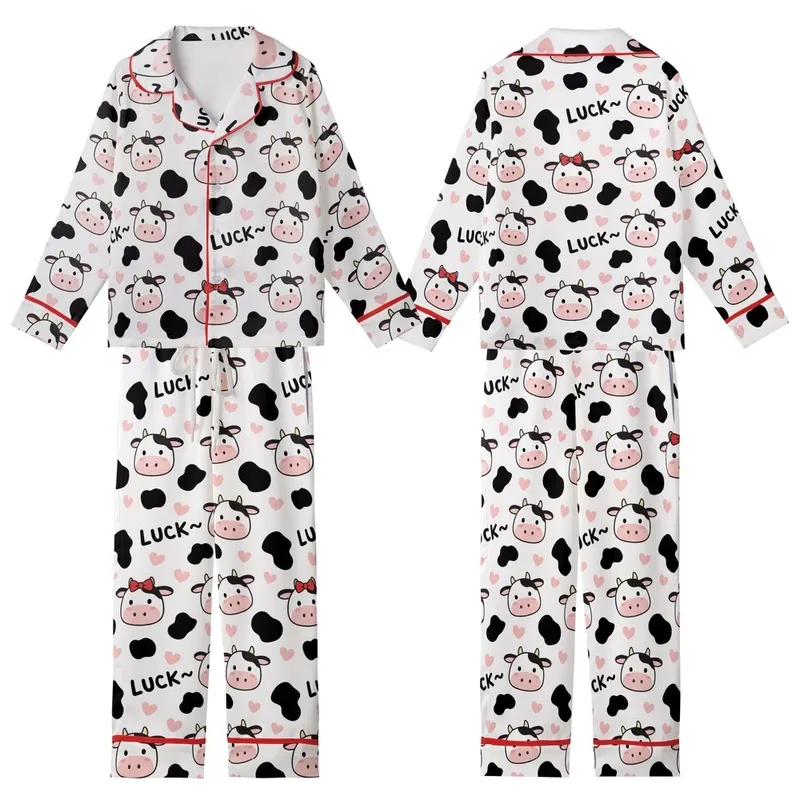 Cow Lovers' Seamless Cute Cartoon Cow Heads & Spots Pattern with Pink Muzzles, Tan Horns, Red Bows, 'LUCK~' Text, Pink Hearts Kid Satin Pajamas Set - 1