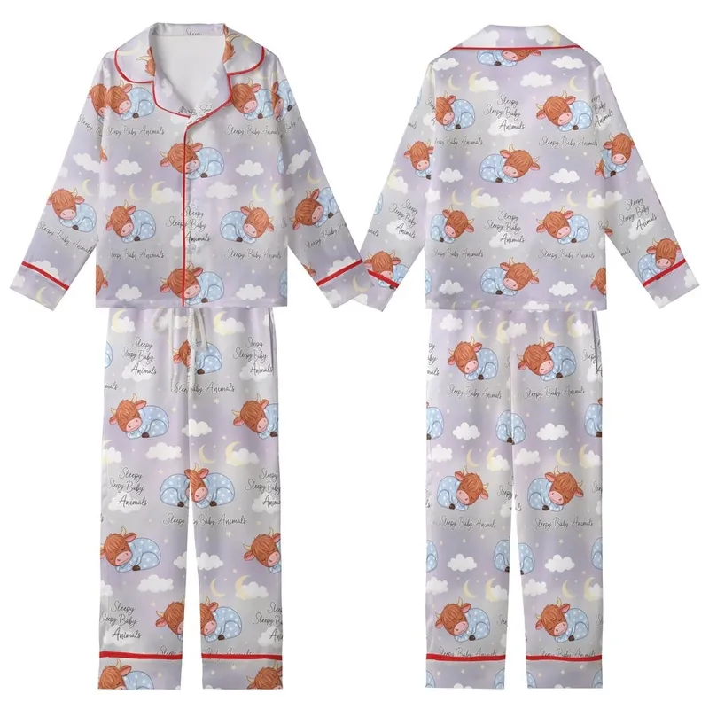 Baby Animal Lovers' Whimsical Sleepy Highland Cow Seamless Pattern in Soft Blue and Muted Gray with Twinkling Stars Kid Satin Pajamas Set - 1