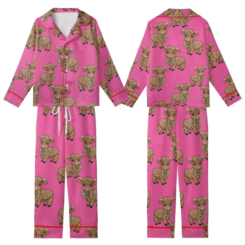 Whimsical Style Fans' Fluffy Brown Baby Highland Cow Leopard Bow Fuchsia Pink Illustrative Pattern Kid Satin Pajamas Set - 1