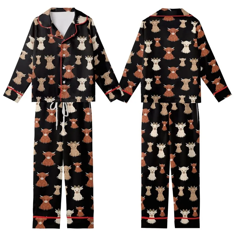 Animal Lovers' Whimsical Fluffy Highland Cow Calves Repeating Pattern with Leopard Print Bows on Black Kid Satin Pajamas Set - 1