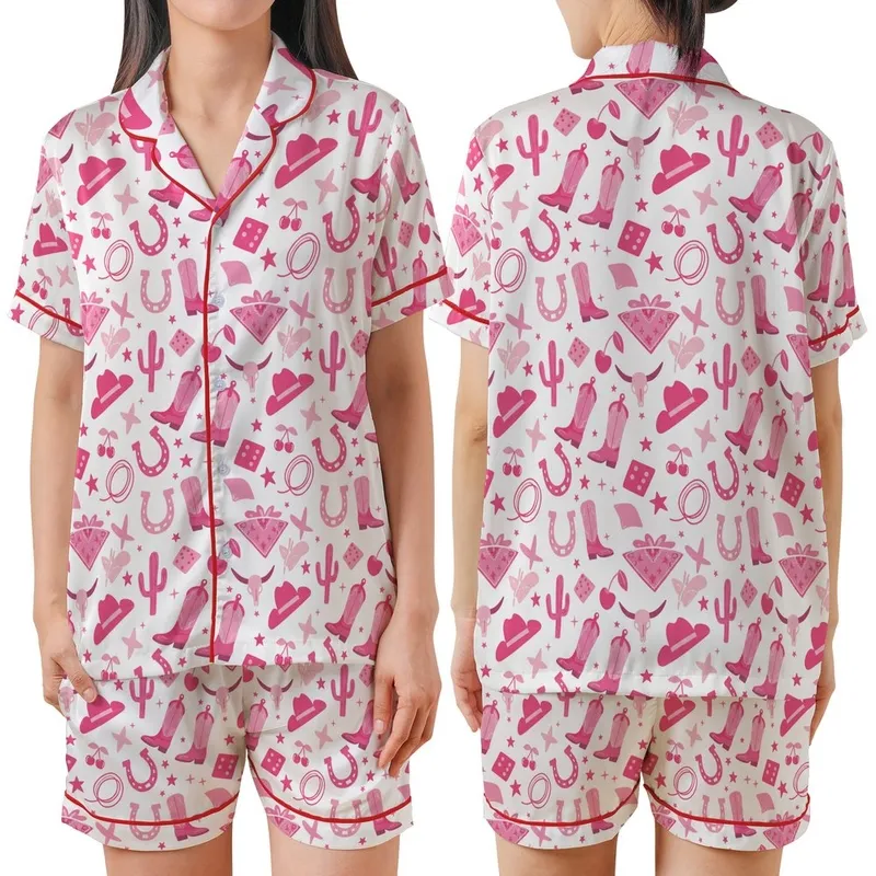 Pink Western Enthusiasts' Playful Pink & Hot Pink Cowgirl Boot Cactus Star Pattern Satin Short-Sleeve Pajamas Set - 1