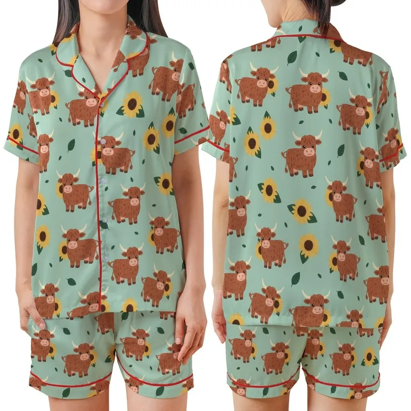 Whimsical Animal Lovers' Pastel Mint Green Highland Cow Golden Sunflower Rustic Repeat Design Satin Short-Sleeve Pajamas Set - 1