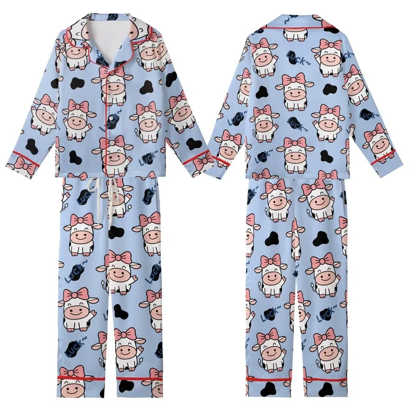 Cute Animal Lovers' Whimsical Cartoon Cow Seamless Repeat Light Periwinkle Blue Pink Bows Black Spots Luck Pattern Kid Satin Pajamas Set - 1