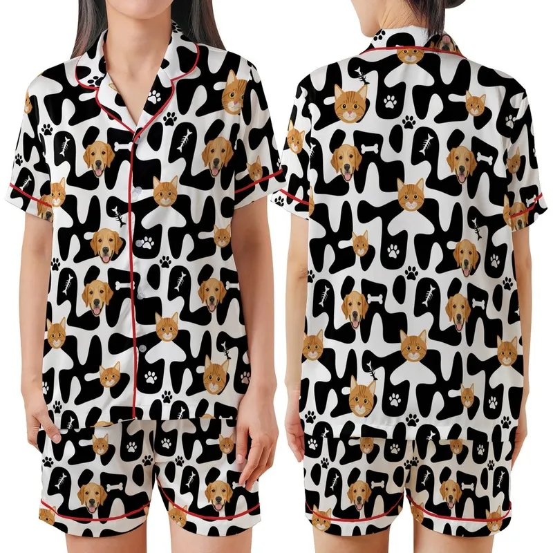 Golden Retriever Tabby Cat Faces Interlocking Abstract Black White Golden Orange Design Satin Short-Sleeve Pajamas Set - 1