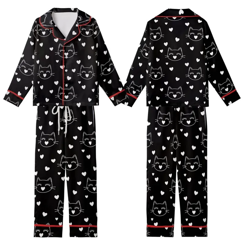 Cat Lovers' High-Contrast Black & White Stylized Minimalist Cat Face & Heart Pattern Kid Satin Pajamas Set - 1