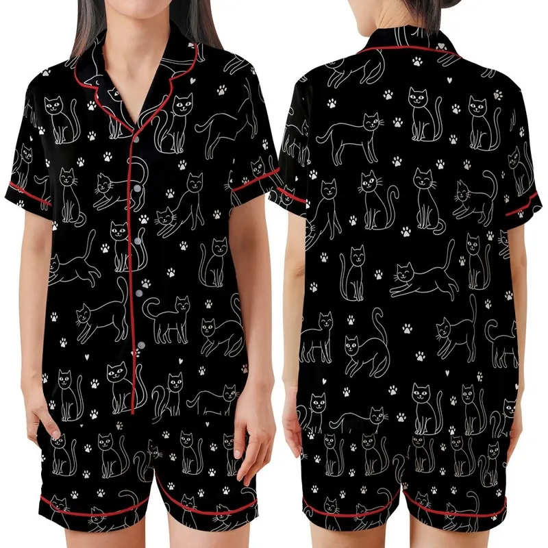 Cat Lovers' Minimalist White Line Art Playful Cats & Heart Paw Print Seamless Pattern on Black Satin Short-Sleeve Pajamas Set - 1
