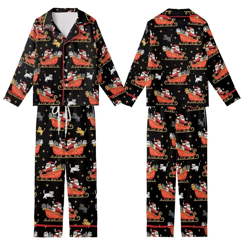 Festive Cat Lovers' Whimsical Santa Sleigh Cute Cartoon Cats White Grey Tan Golden Paw Prints Twinkling Stars Deep Black Pattern Kid Satin Pajamas Set - 1
