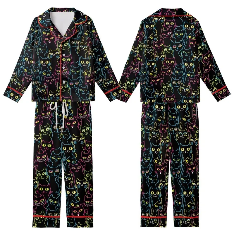 Black Cat Lovers' Neon Pop Whimsical Black Cat Seamless Pattern Electric Blue Pink Yellow Green White Outlines Kid Satin Pajamas Set - 1