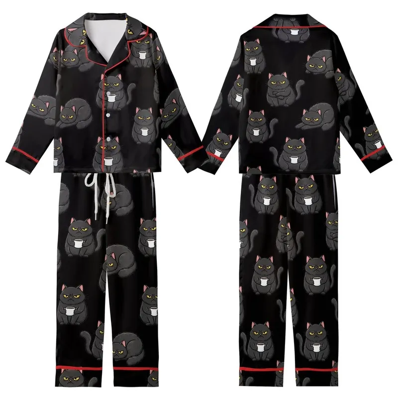 Cat Lovers' Cute Cartoon Grumpy Black Cats All-Over Pattern Golden Yellow Eyes White Mugs Kid Satin Pajamas Set - 1