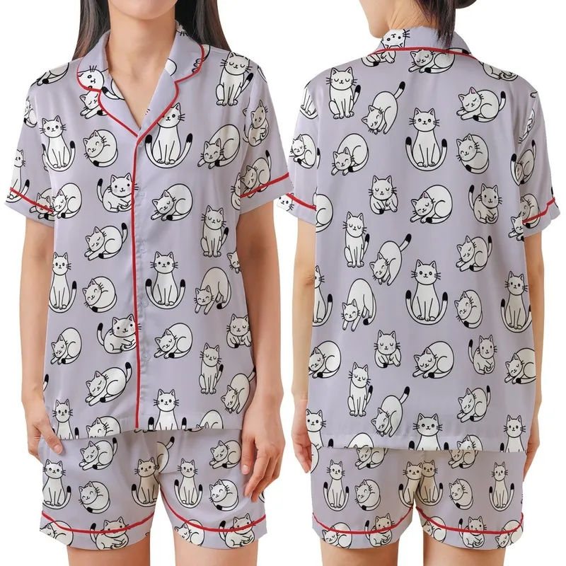 Cat Lovers' Playful White Cartoon Cats Seamless Pattern, Bold Black Outlines, Soft Lavender Background Satin Short-Sleeve Pajamas Set - 1