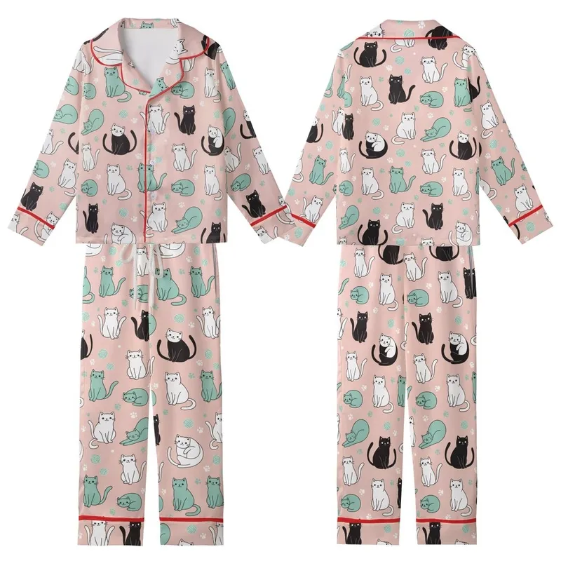 Cat Lovers' Whimsical Blush Pink Pattern with Playful Teal White Black Grey Cartoon Cats, Yarn, Paw Prints Kid Satin Pajamas Set - 1