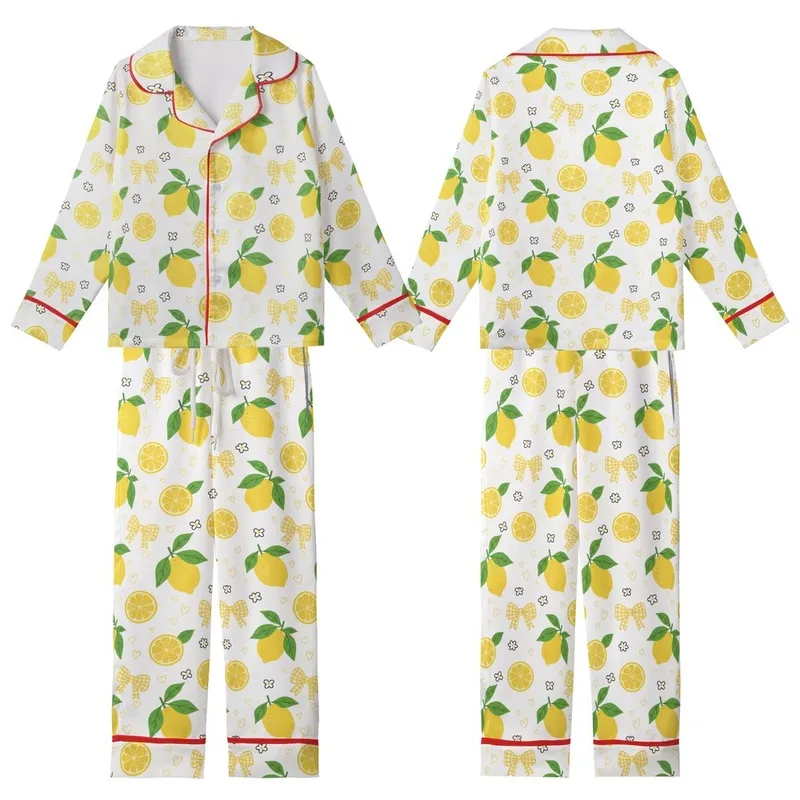 Women's Hand-Drawn Whimsical Lemon Pattern Bright Yellow Bows Green Leaves White Kid Satin Pajamas Set - 1