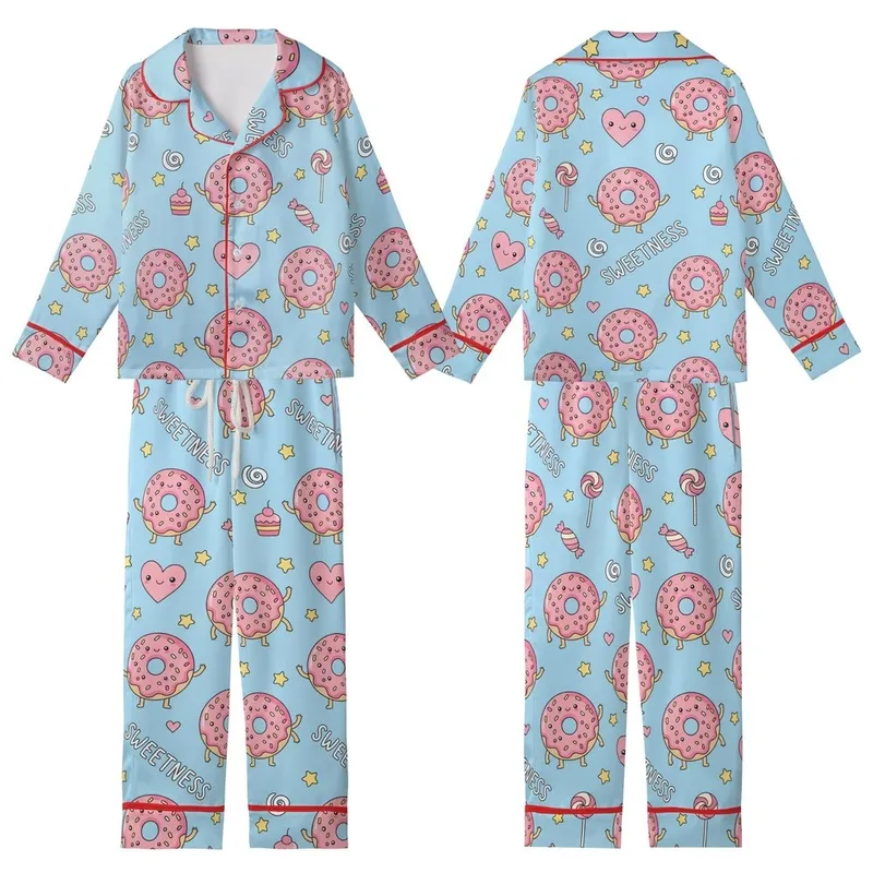 Sweet Treat Lovers' Pastel Sky Blue Kawaii Donut & Pink Heart Seamless Pattern with Happy Faces & Sprinkles Kid Satin Pajamas Set - 1