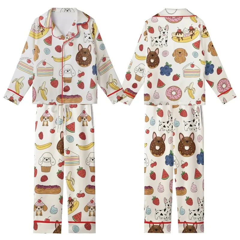 Dog Lovers' Whimsical Dessert Dog & Fruit Pattern, Frenchie Donut, Golden Retriever Cake, Corgi Banana Split on Cream Kid Satin Pajamas Set - 1