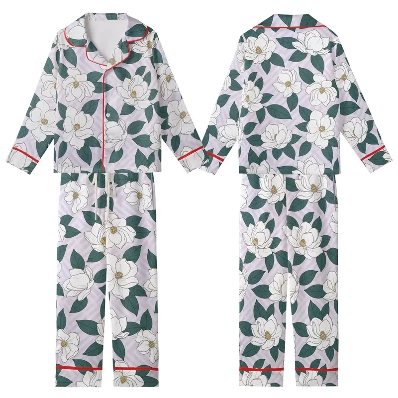 Women's Illustrative White Magnolia Deep Teal Green Leaves Pale Lavender Diagonal Stripe Botanical Pattern Kid Satin Pajamas Set - 1